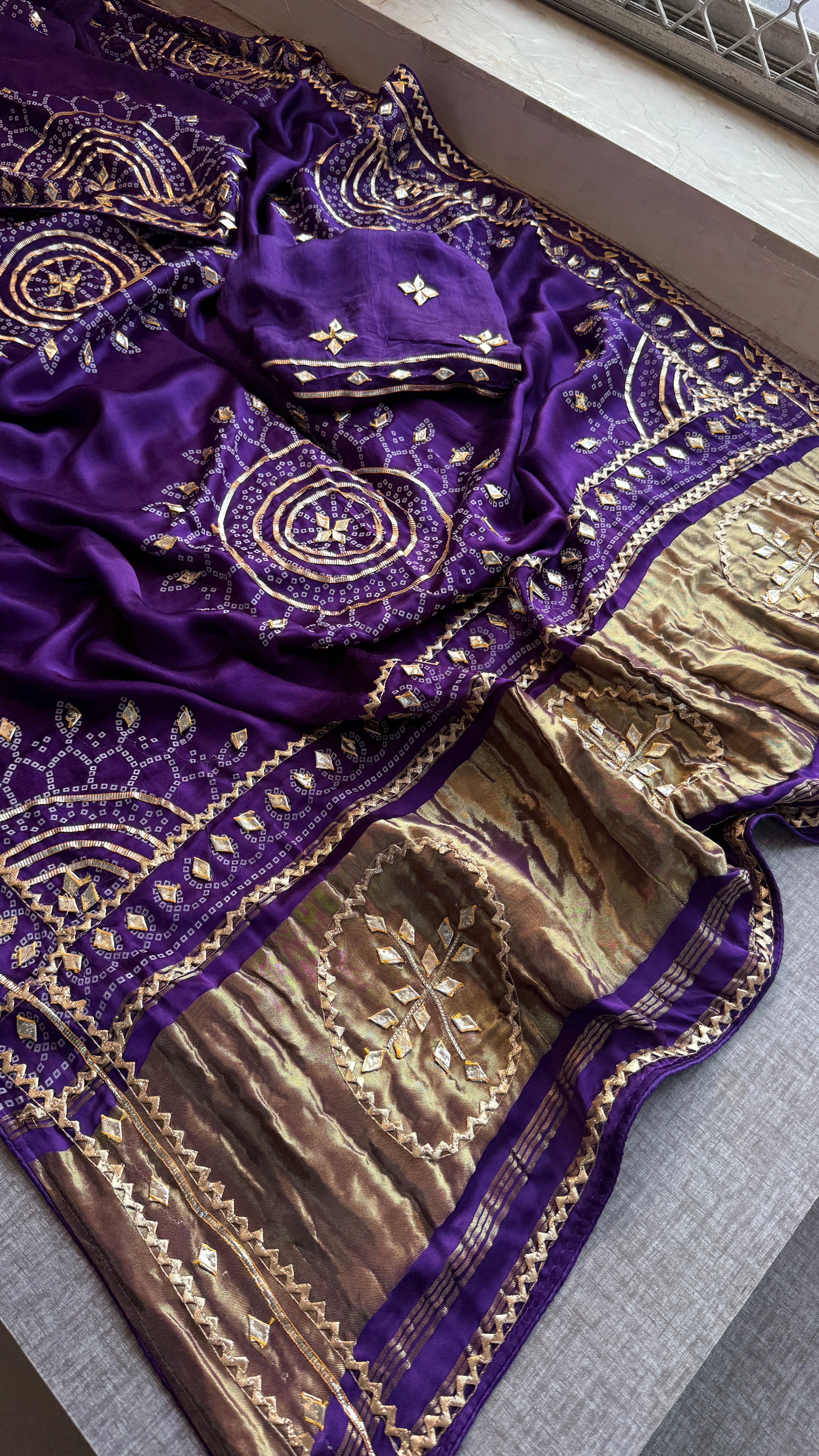 Pure Gajji Silk Saree With Lagdi Patta, Bandhani Print, Sikhiya Gota Patti Work