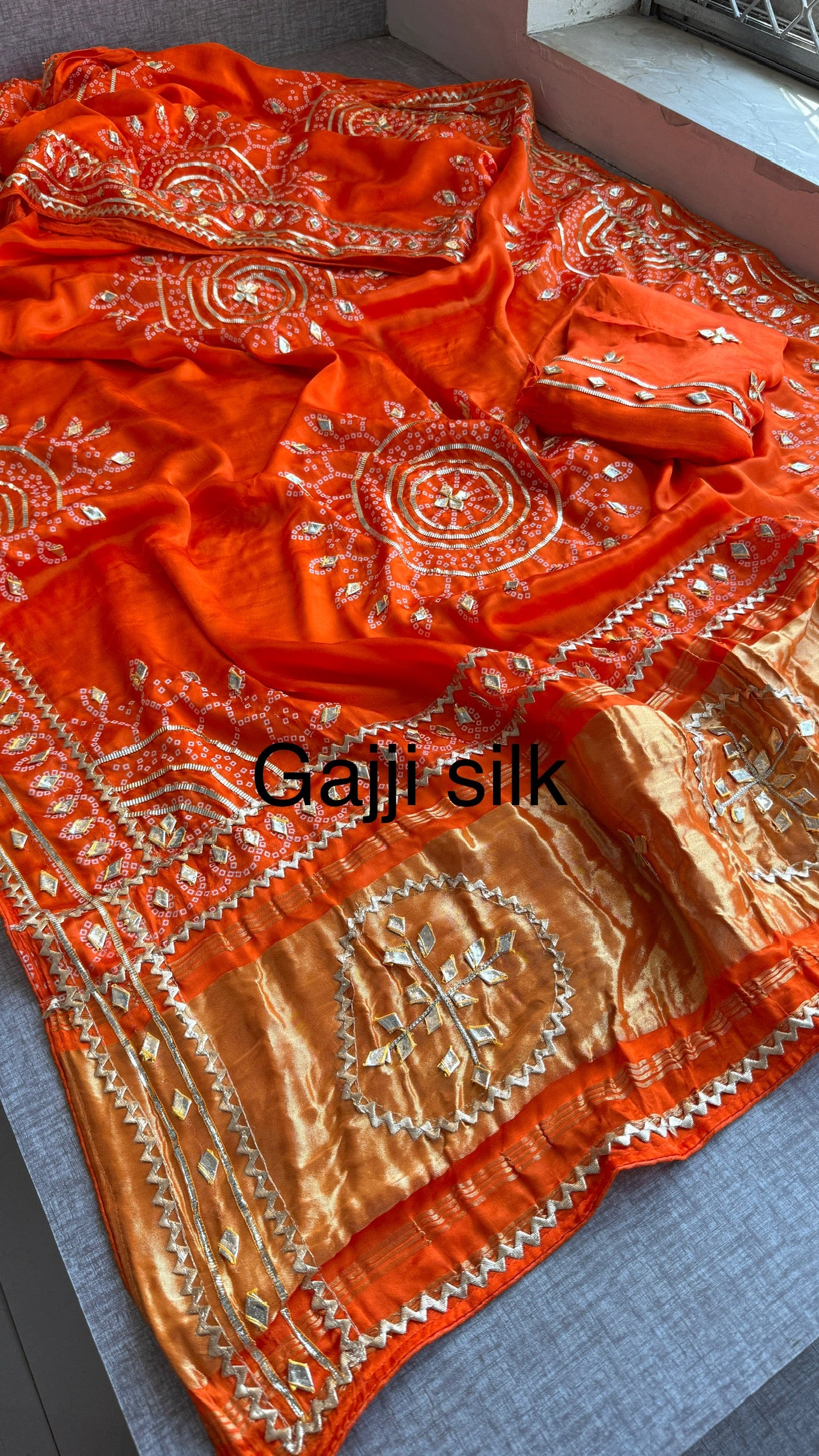 Pure Gajji Silk Saree With Lagdi Patta, Bandhani Print, Sikhiya Gota Patti Work