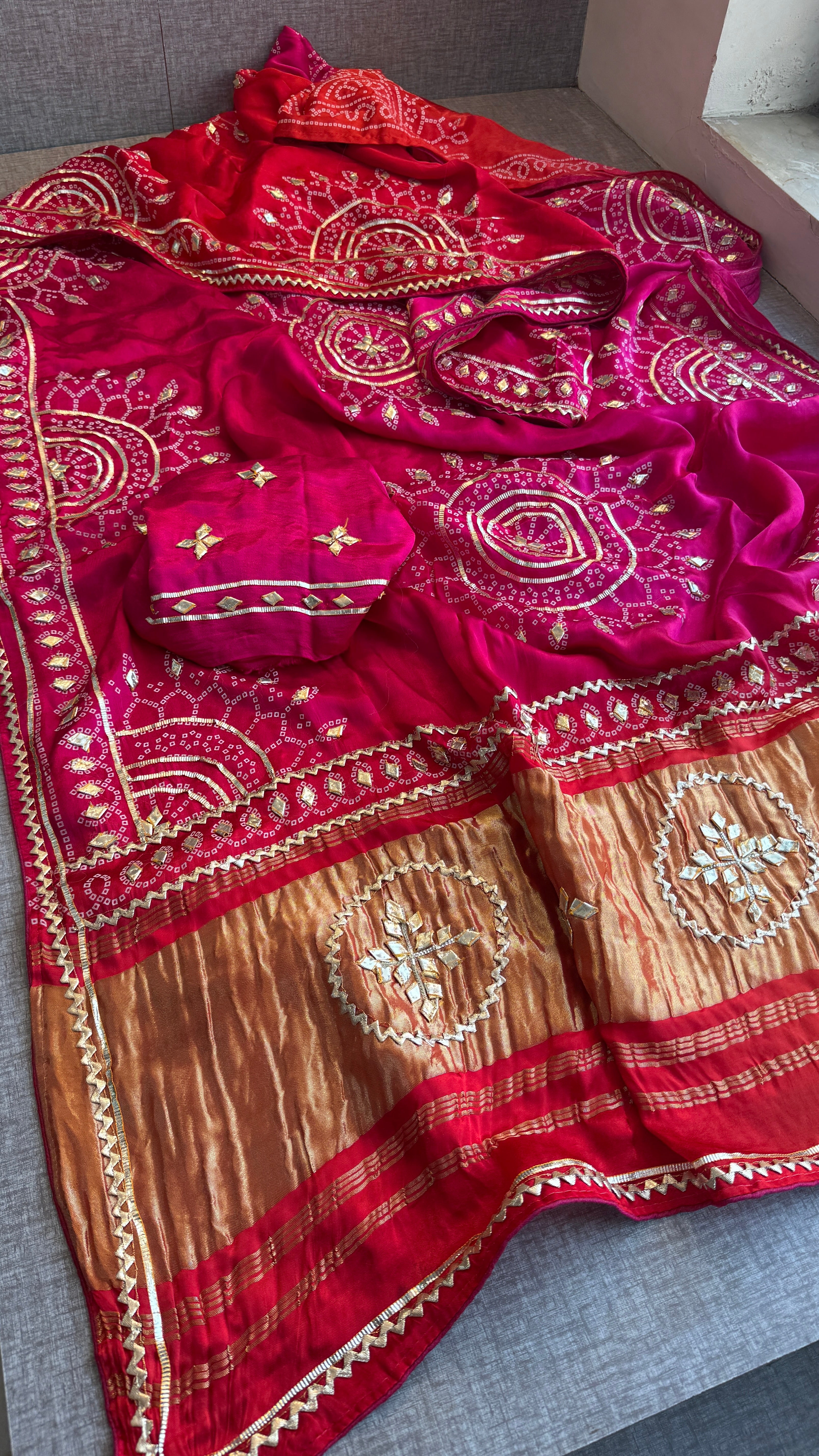 Pure Gajji Silk Saree With Lagdi Patta, Bandhani Print, Sikhiya Gota Patti Work