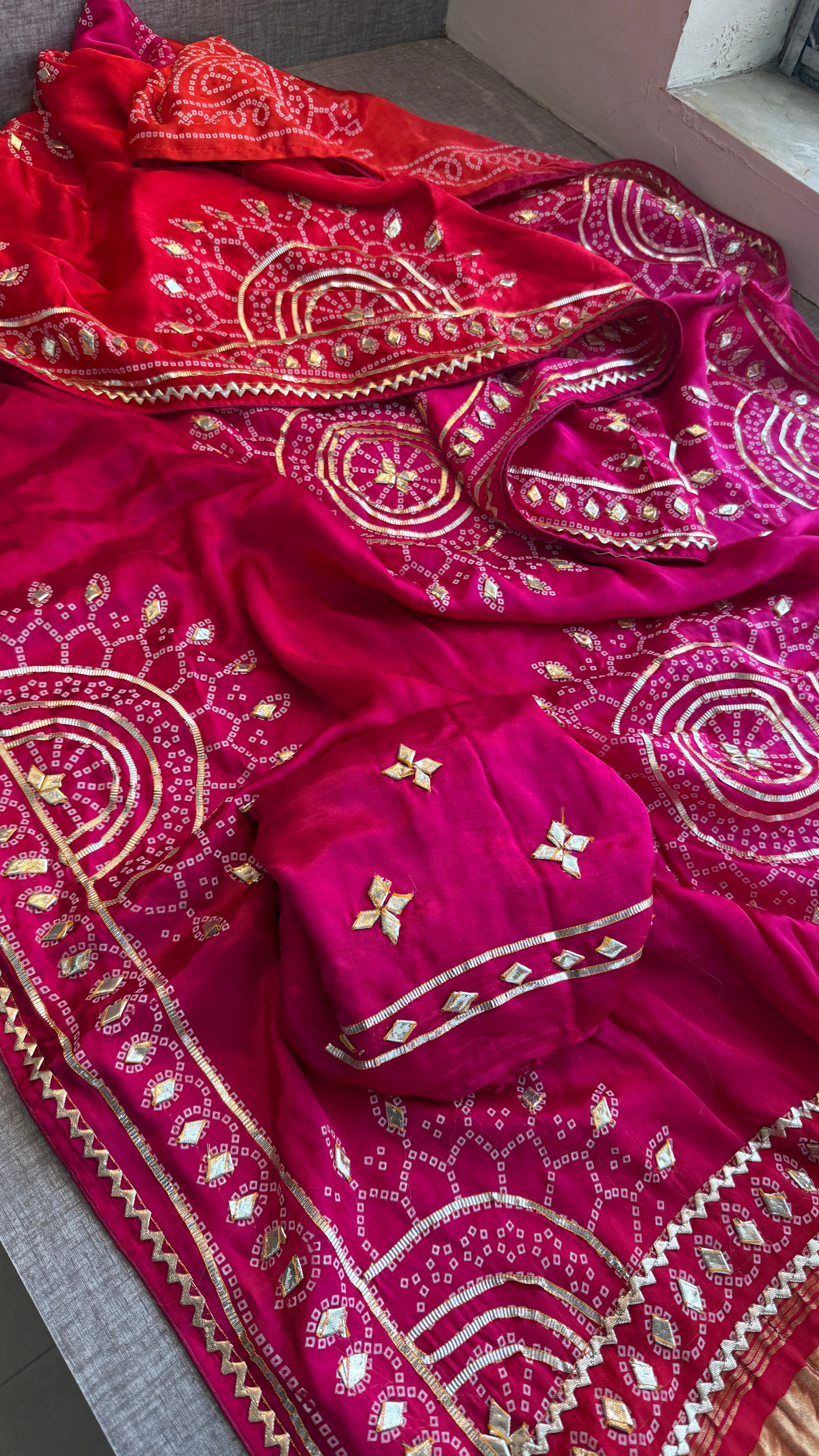Pure Gajji Silk Saree With Lagdi Patta, Bandhani Print, Sikhiya Gota Patti Work