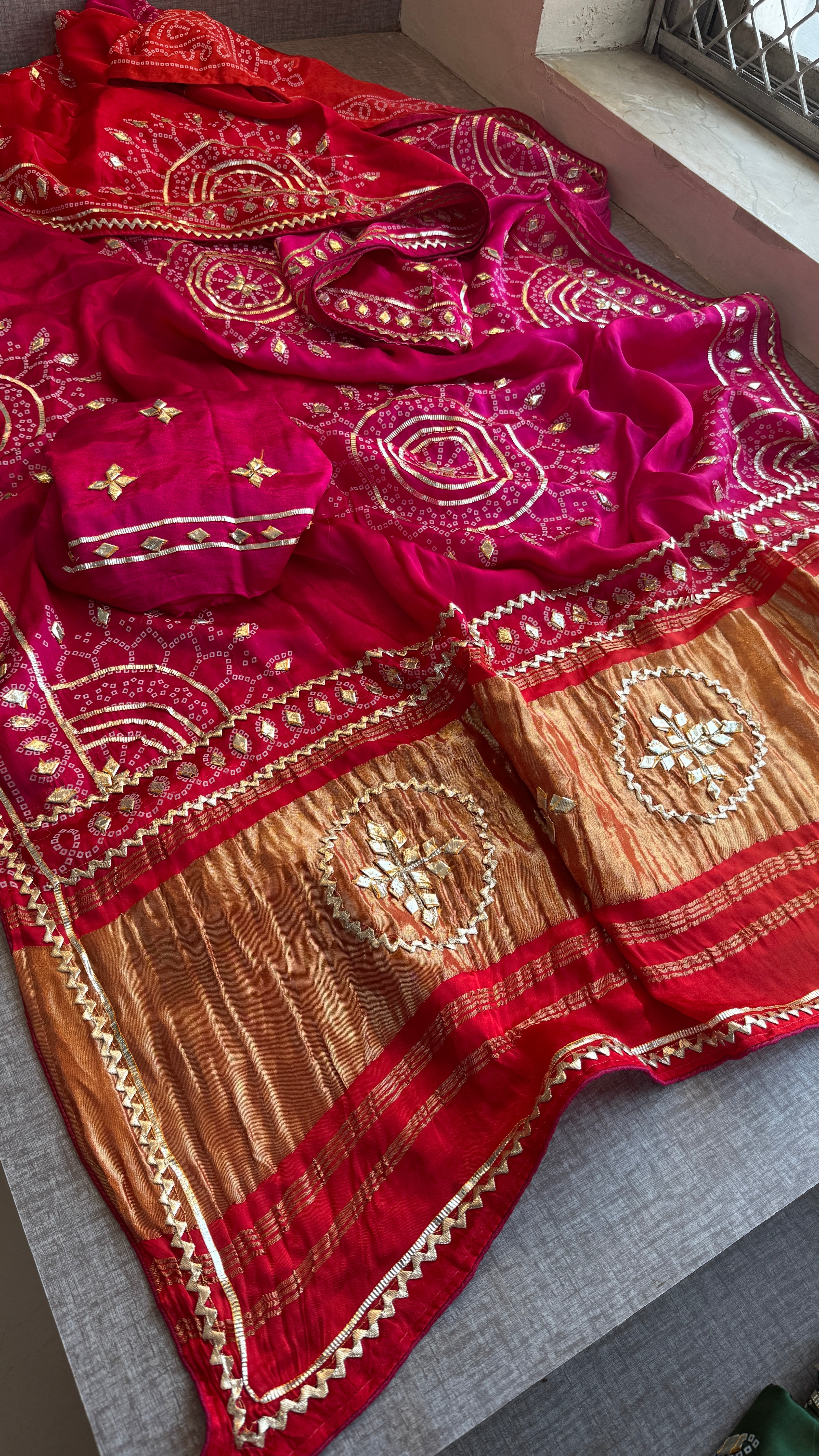 Pure Gajji Silk Saree With Lagdi Patta, Bandhani Print, Sikhiya Gota Patti Work