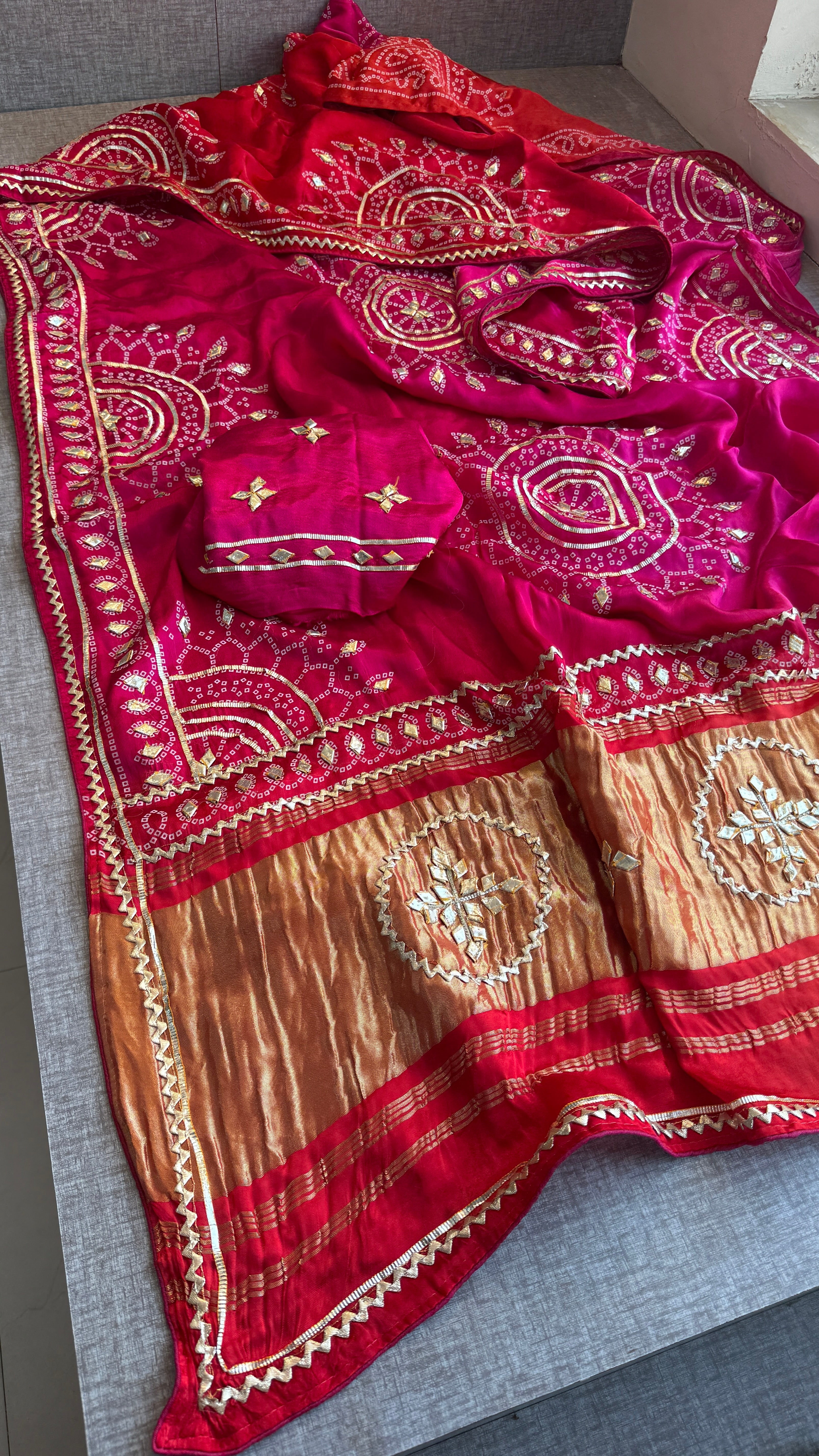 Pure Gajji Silk Saree With Lagdi Patta, Bandhani Print, Sikhiya Gota Patti Work