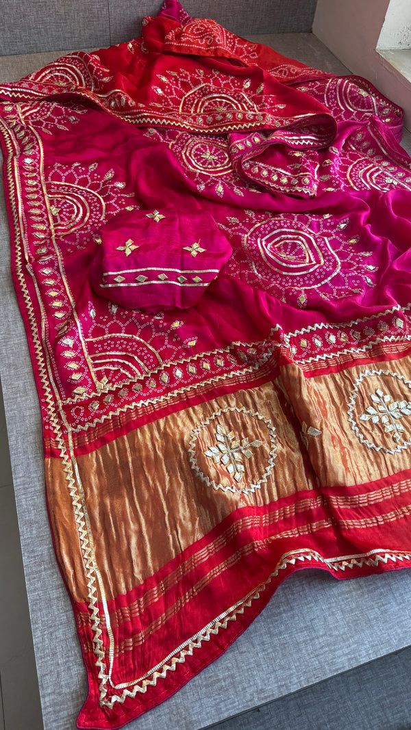 Pure Gajji Silk Saree With Lagdi Patta, Bandhani Print, Sikhiya Gota Patti Work