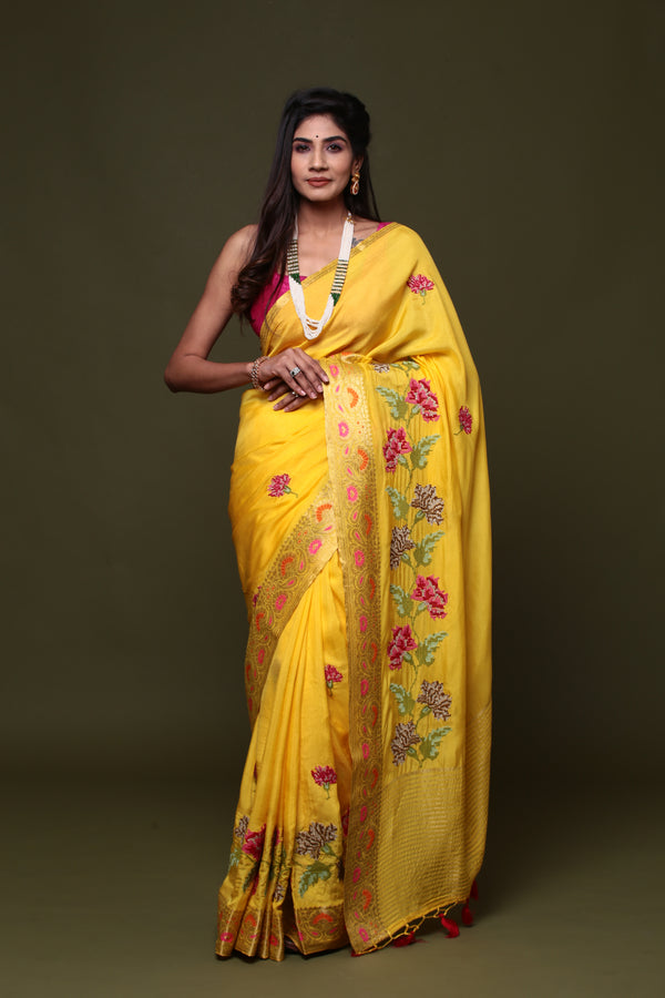 Yellow Pure Munga Silk Embroidered Saree