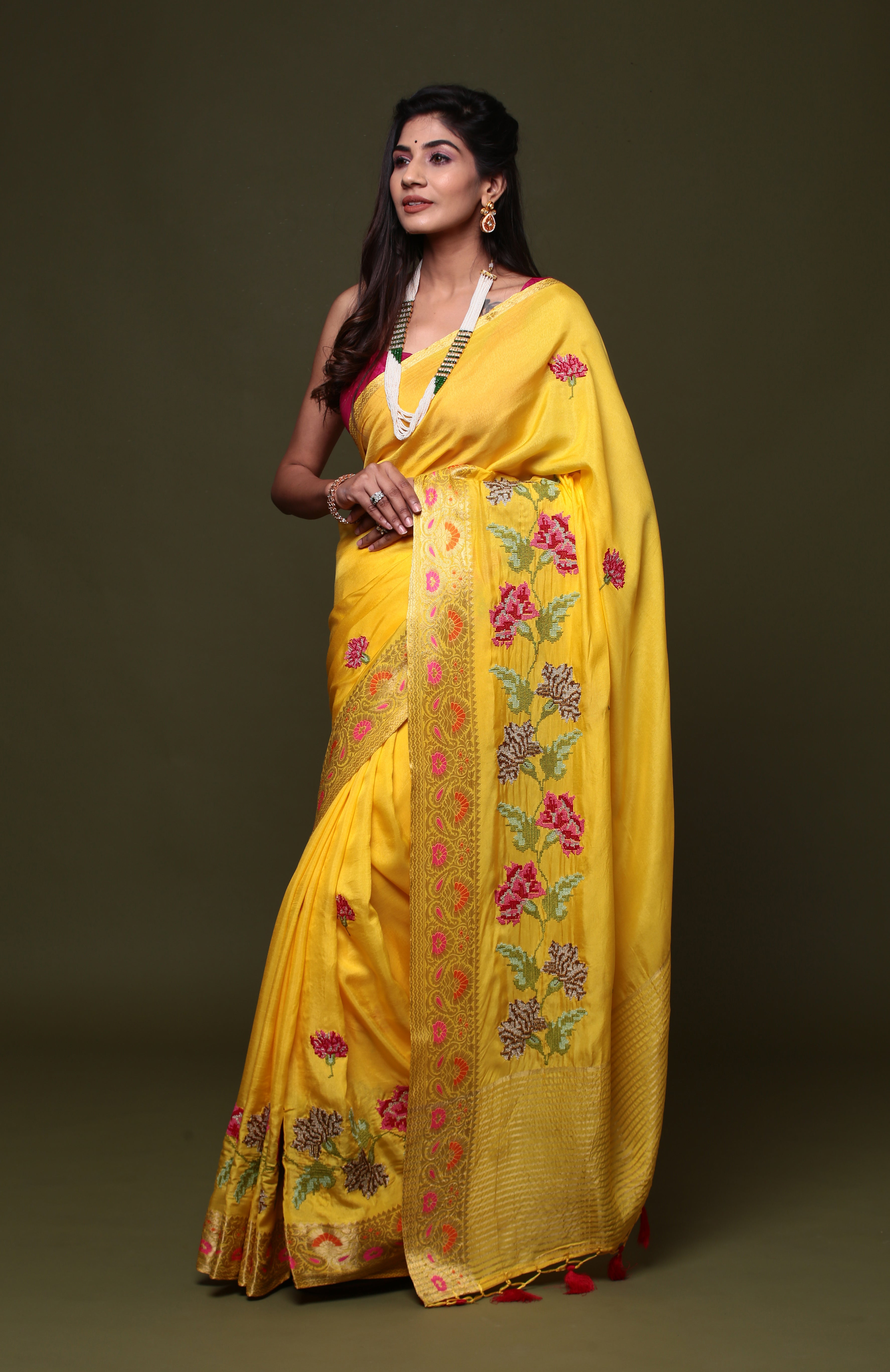 Yellow Pure Munga Silk Embroidered Saree