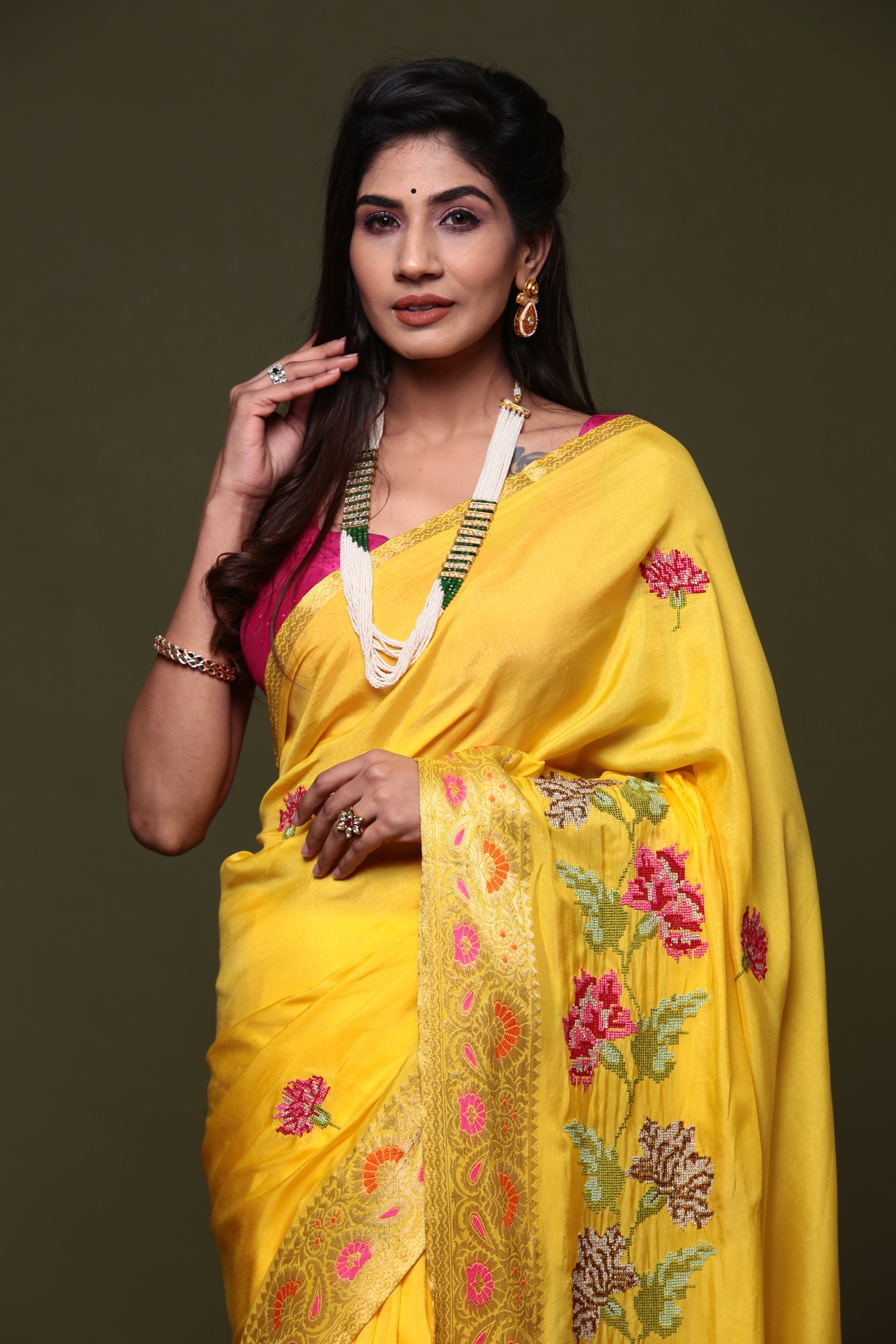 Yellow Pure Munga Silk Embroidered Saree