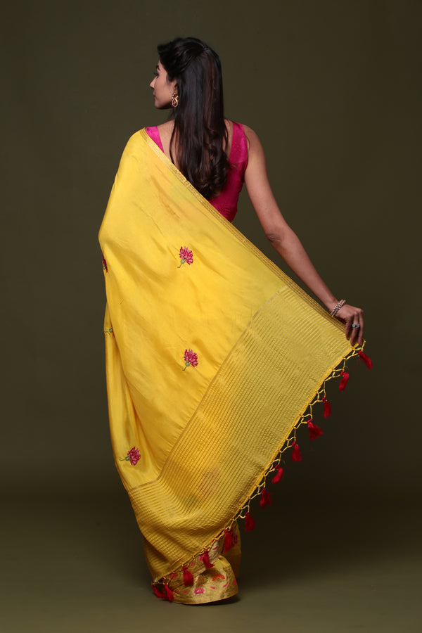 Yellow Pure Munga Silk Embroidered Saree