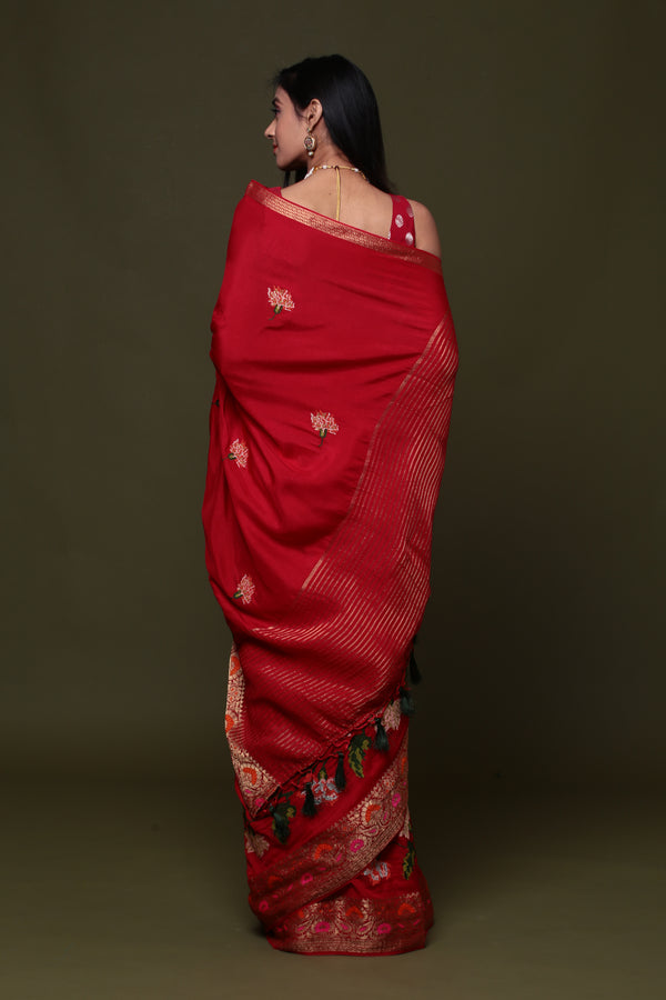 Red Pure Munga Silk  Embroidered  Saree