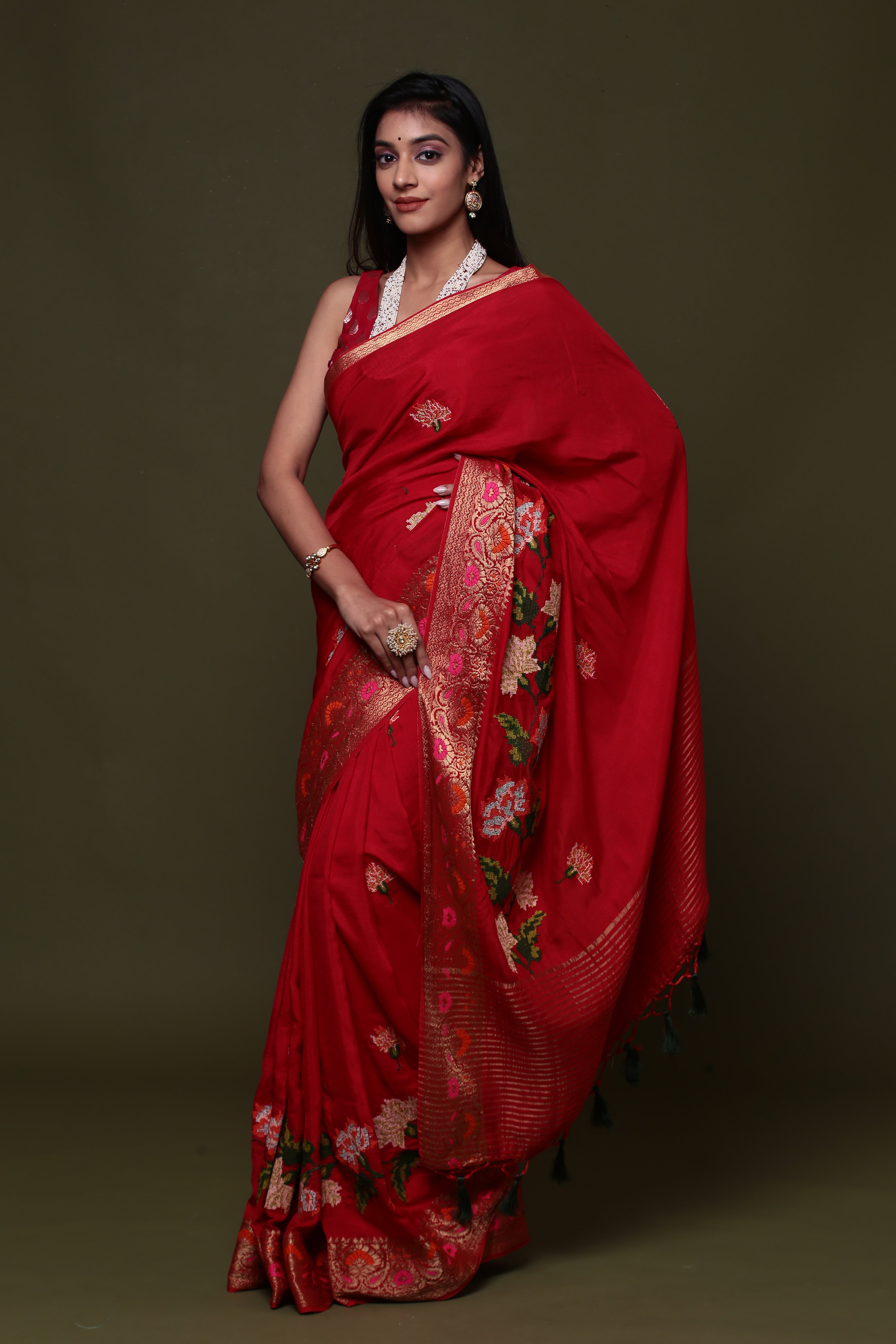 Red Pure Munga Silk  Embroidered  Saree