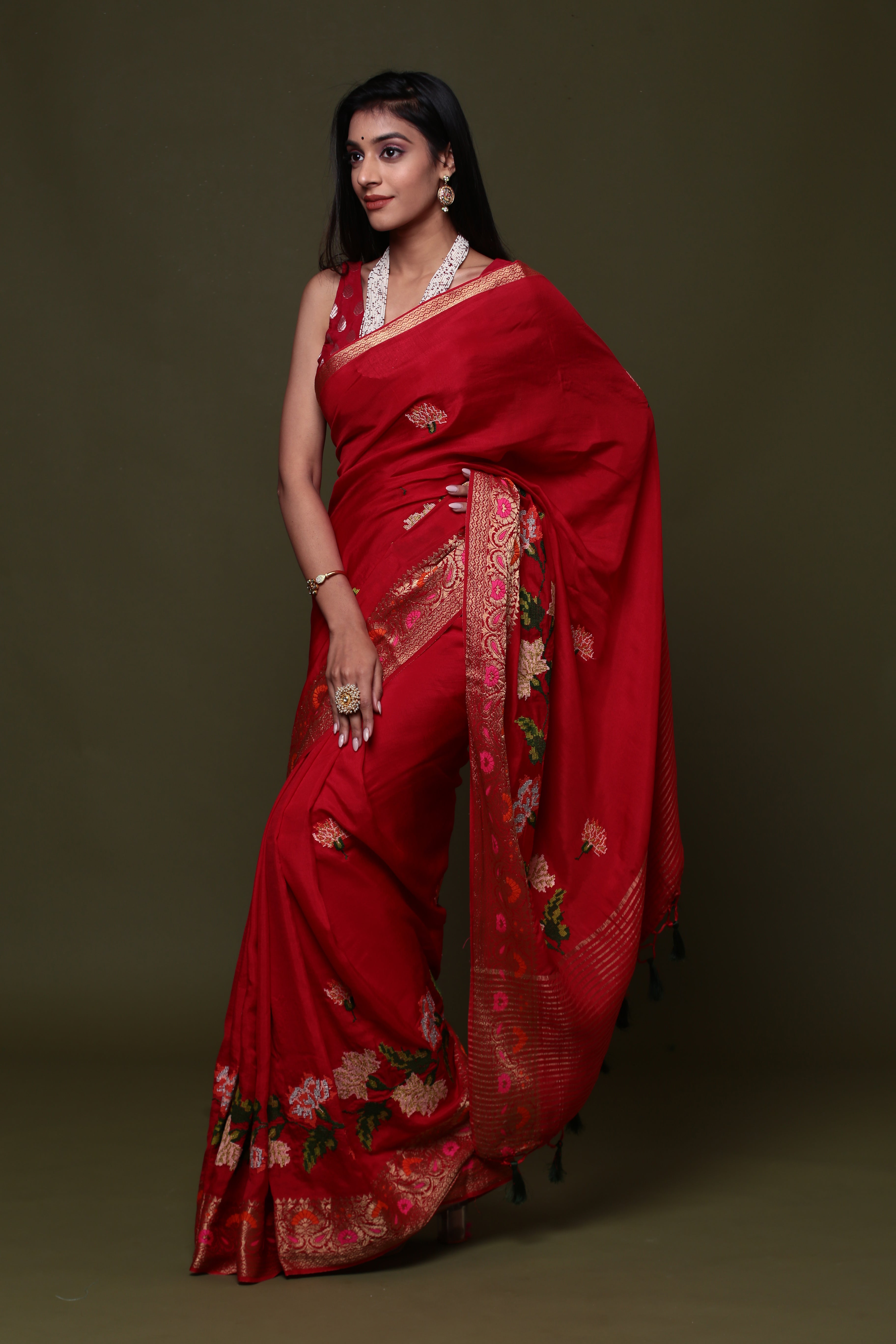 Red Pure Munga Silk  Embroidered  Saree