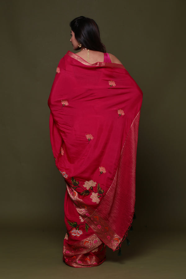 Red Pure Munga Silk  Embroidered  Saree