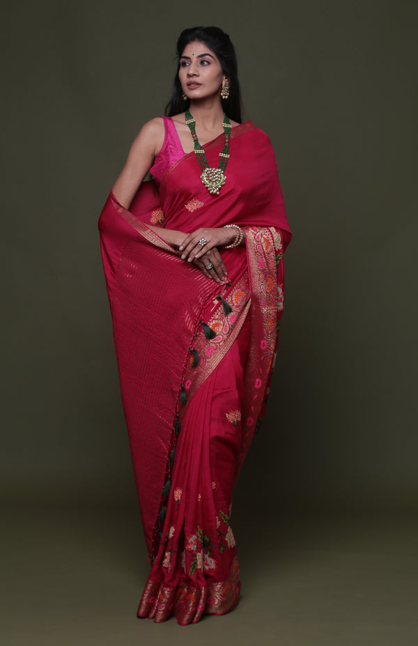 Pink Pure Munga Silk Embroidered Saree