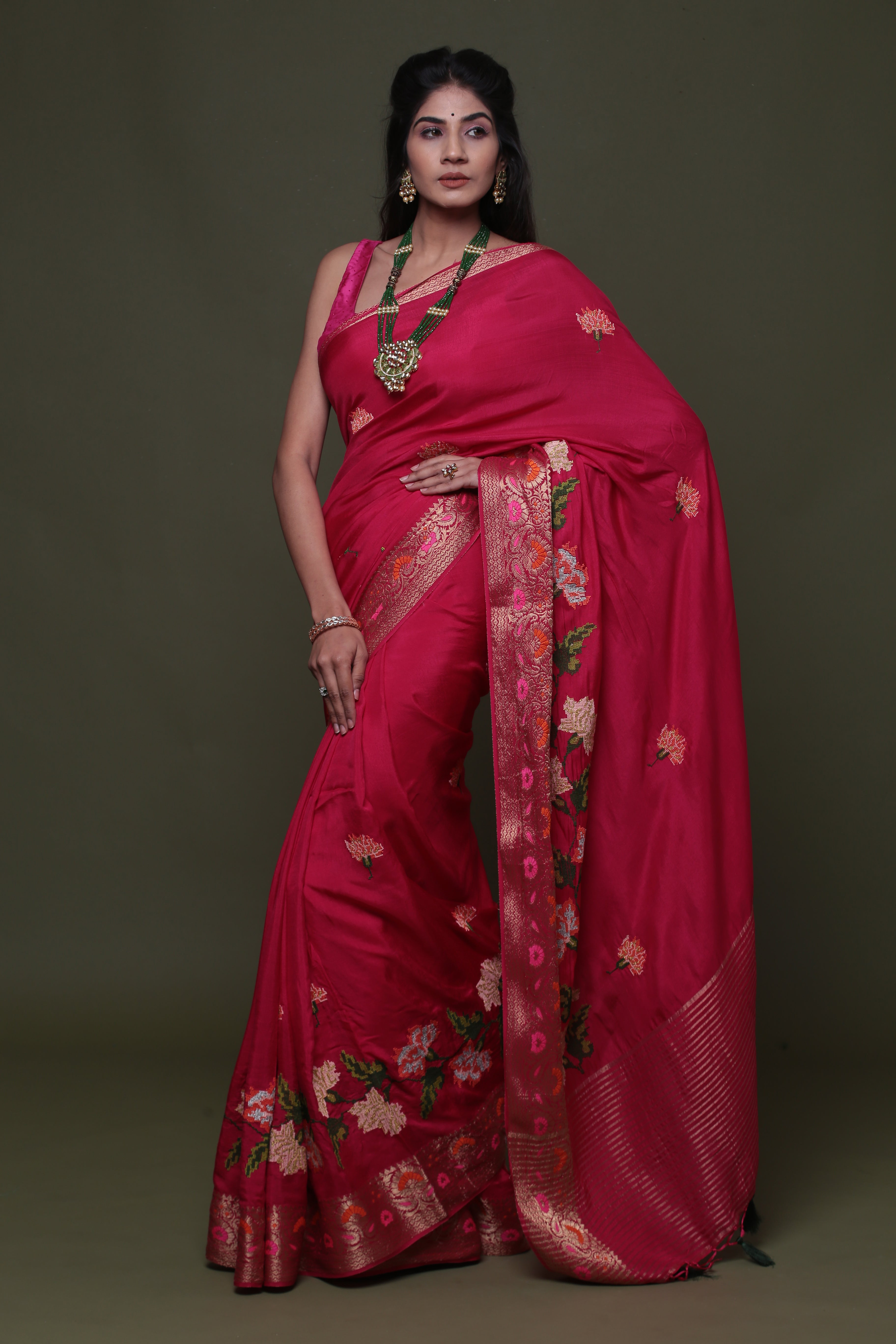 Pink Pure Munga Silk Embroidered Saree