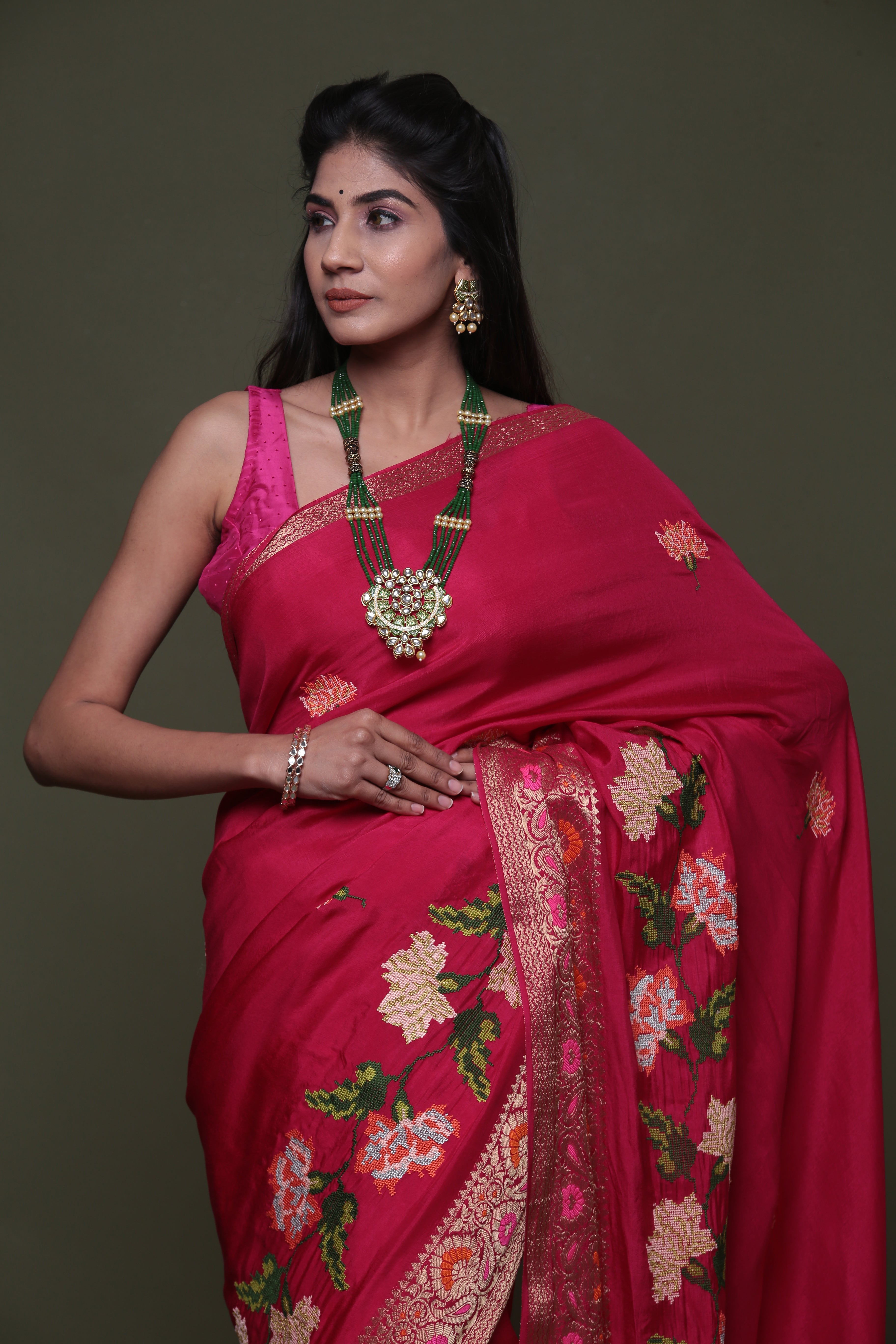Pink Pure Munga Silk Embroidered Saree