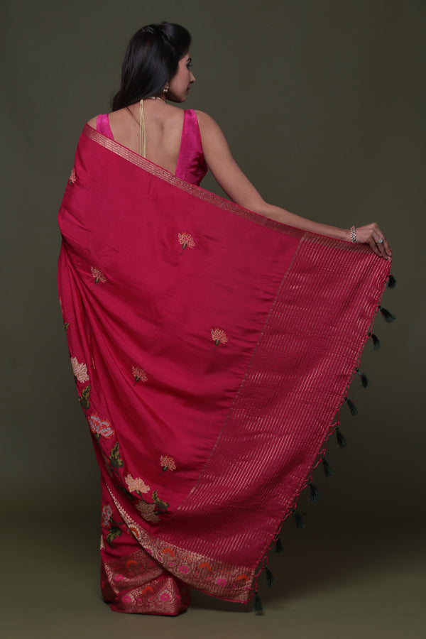 Pink Pure Munga Silk Embroidered Saree