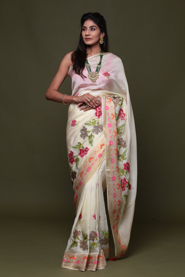 White Pure Munga Silk Embroidered  Saree