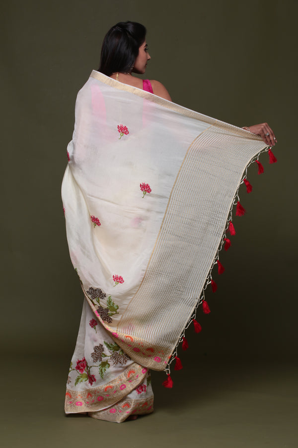 White Pure Munga Silk Embroidered  Saree