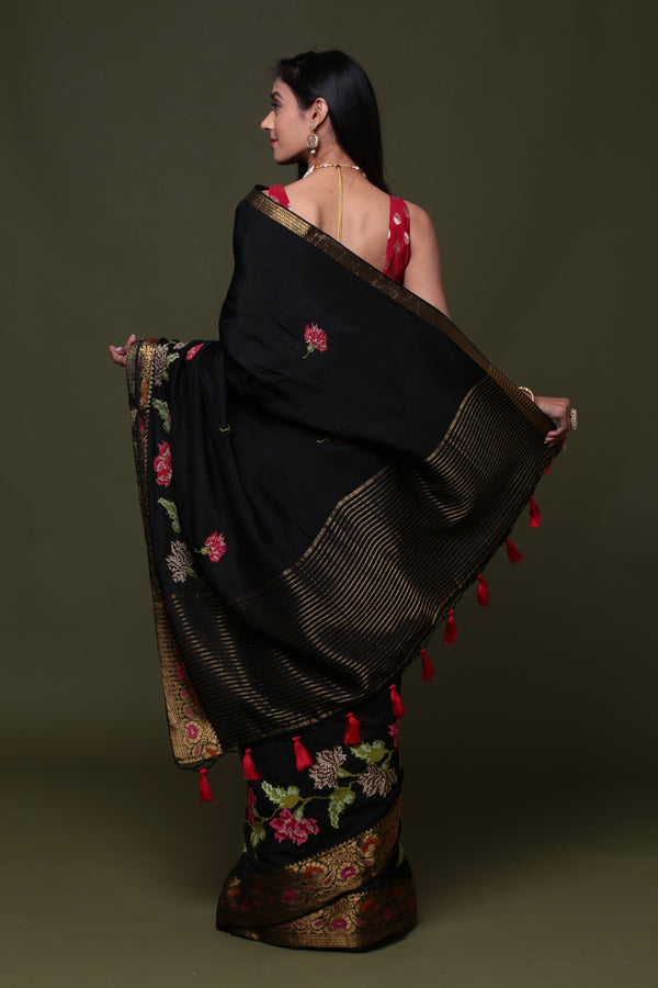 Black Pure Munga Silk  Embroidered  Saree