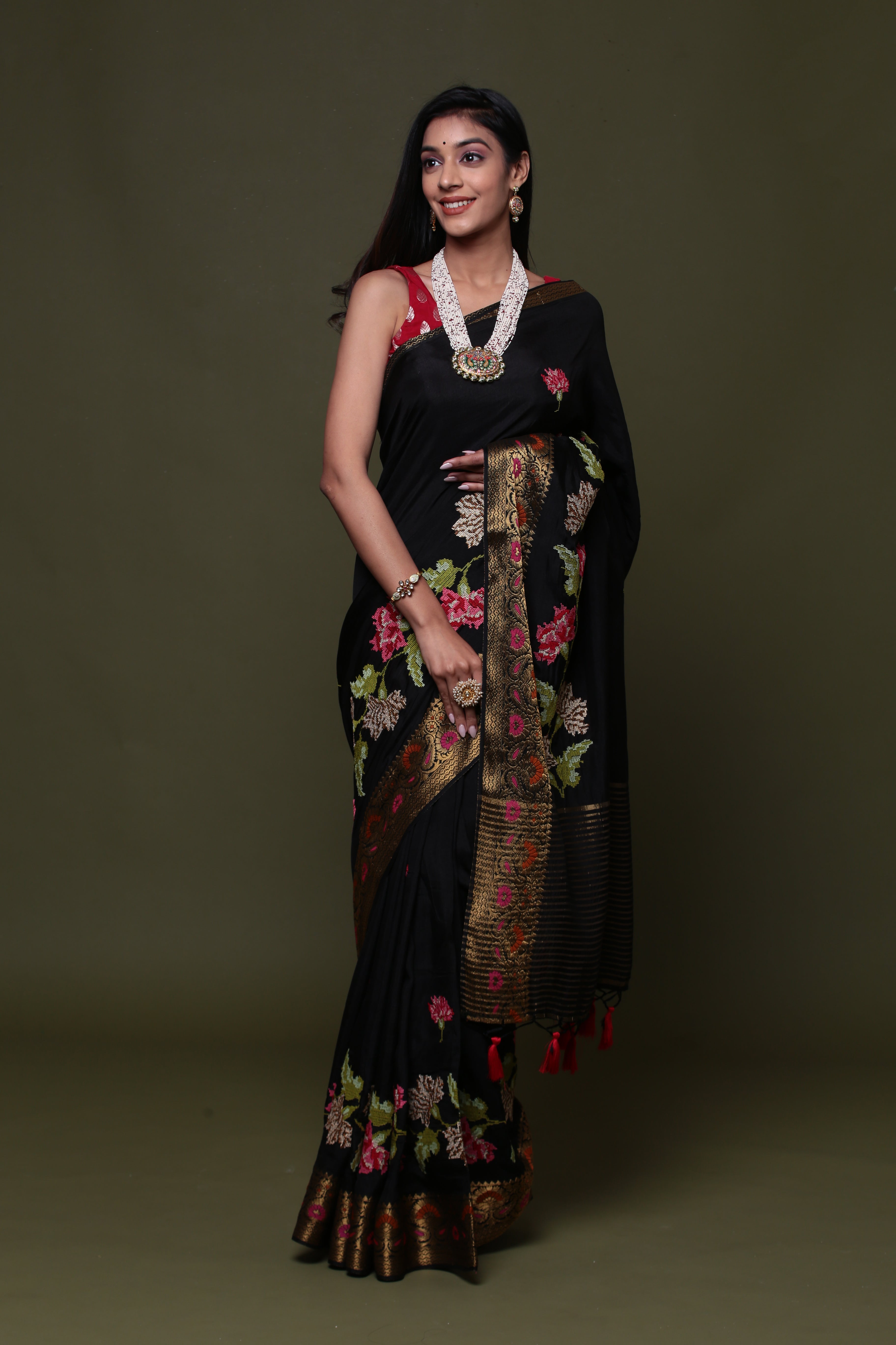 Black Pure Munga Silk  Embroidered  Saree
