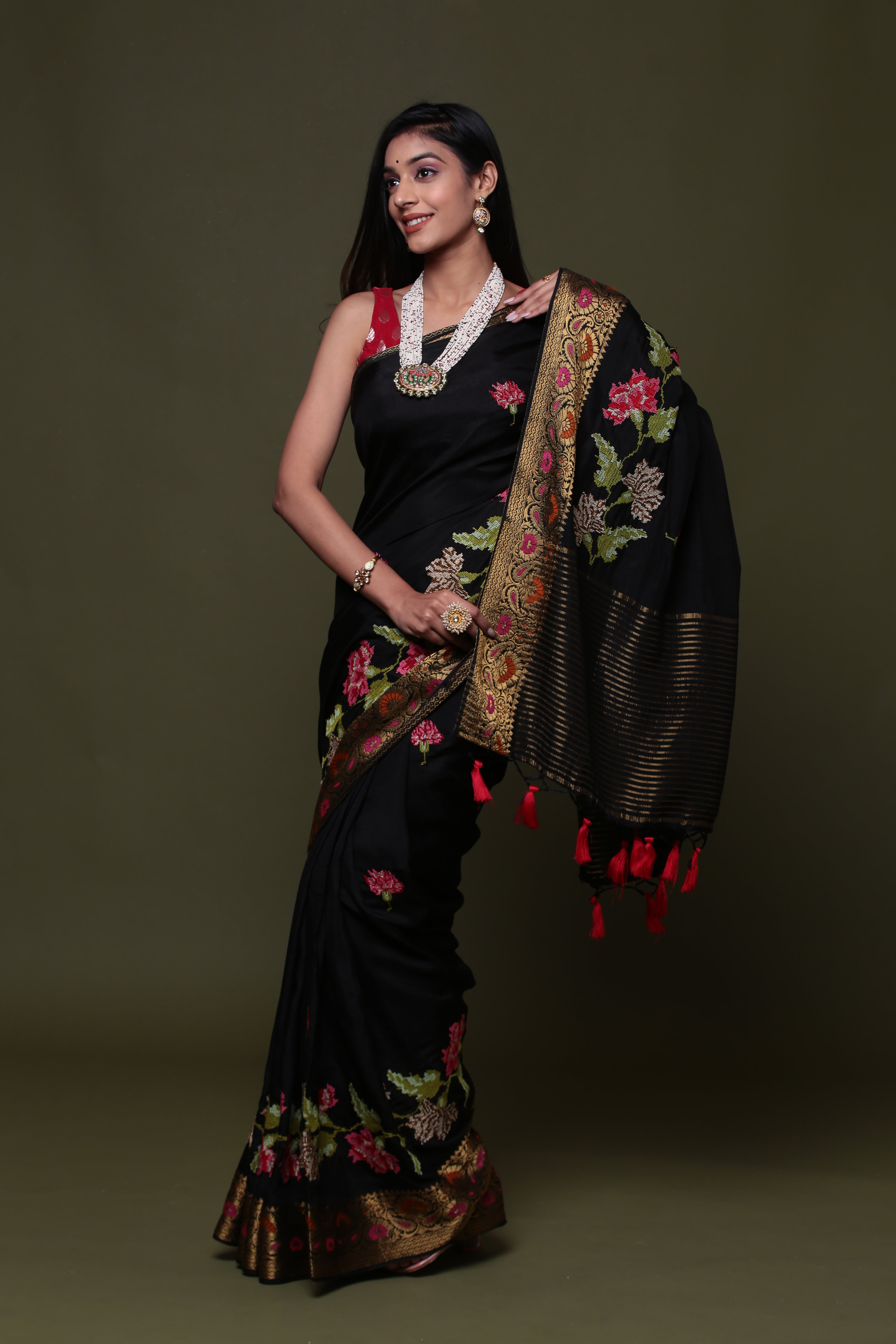 Black Pure Munga Silk  Embroidered  Saree