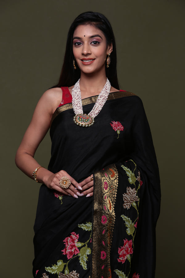 Black Pure Munga Silk  Embroidered  Saree