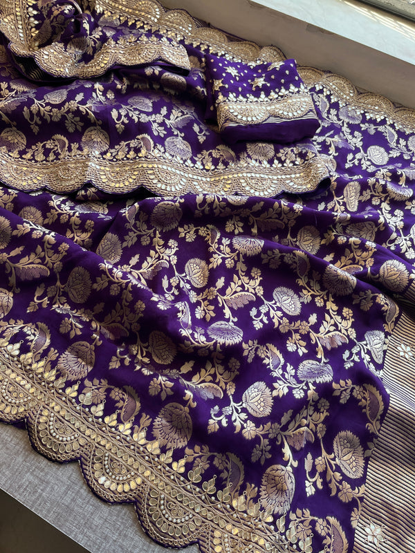 Purple Banarasi Pure  Khaddi Georgette Saree Embellished  With Gota Patti Work
