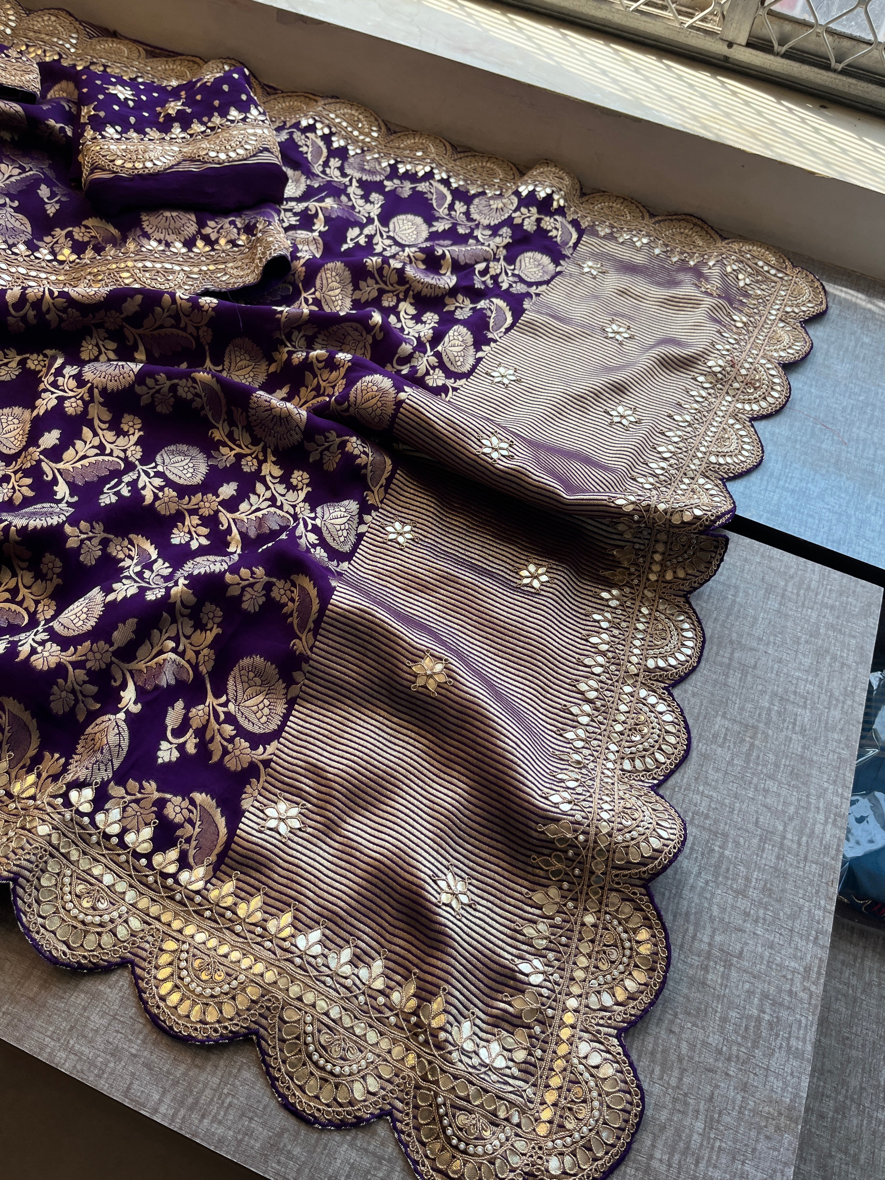Purple Banarasi Pure  Khaddi Georgette Saree Embellished  With Gota Patti Work