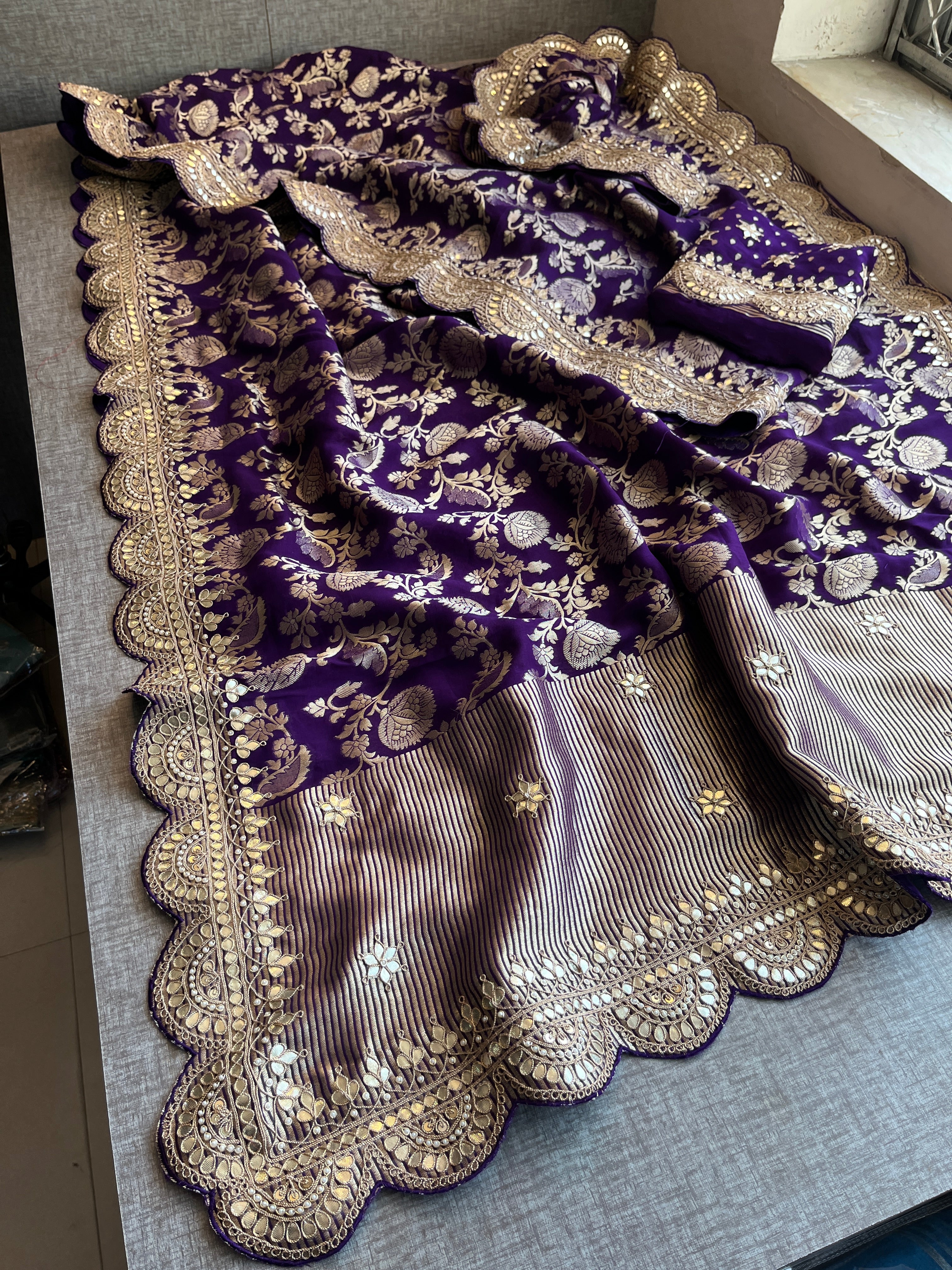 Purple Banarasi Pure  Khaddi Georgette Saree Embellished  With Gota Patti Work