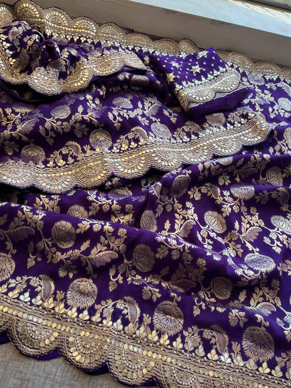 Purple Banarasi Pure  Khaddi Georgette Saree Embellished  With Gota Patti Work
