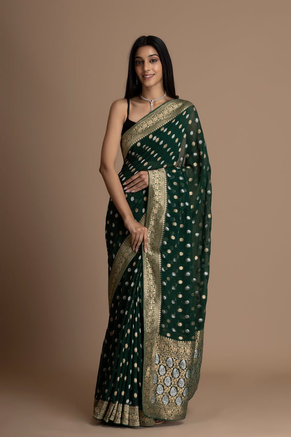 Bottle Green  Banarasi Pure  Khaddi Georgette Saree With Golden Silver  Zari Weaving Buttis