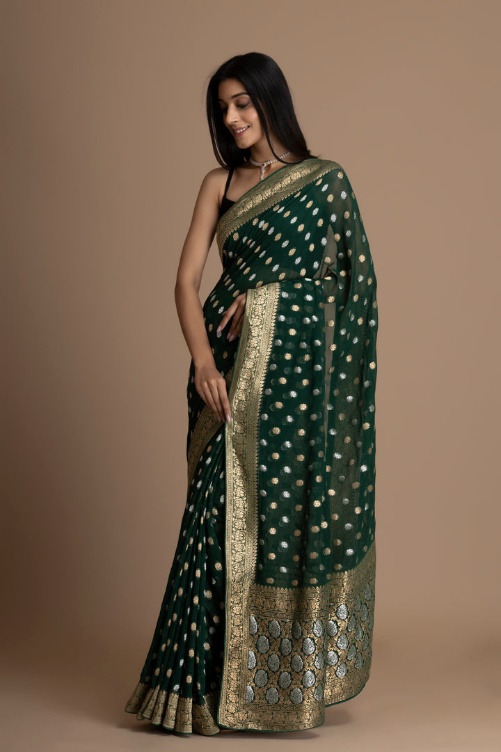 Bottle Green  Banarasi Pure  Khaddi Georgette Saree With Golden Silver  Zari Weaving Buttis