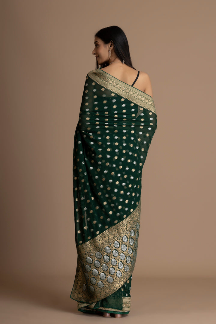 Bottle Green  Banarasi Pure  Khaddi Georgette Saree With Golden Silver  Zari Weaving Buttis