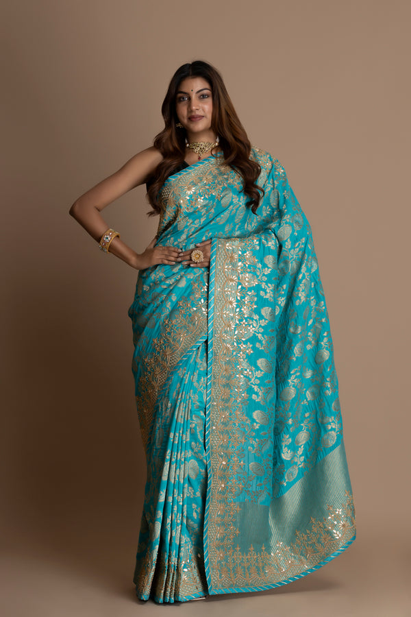 Rama Green Banarasi Pure  Khaddi Georgette Saree Embellished  With Gota Patti Work