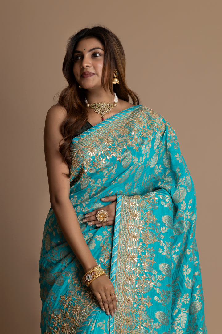 Rama Green Banarasi Pure  Khaddi Georgette Saree Embellished  With Gota Patti Work