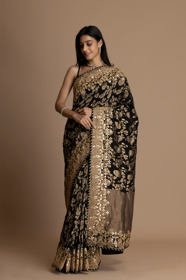 Black Banarasi Pure  Khaddi Georgette Saree Embellished  With Gota Patti Work