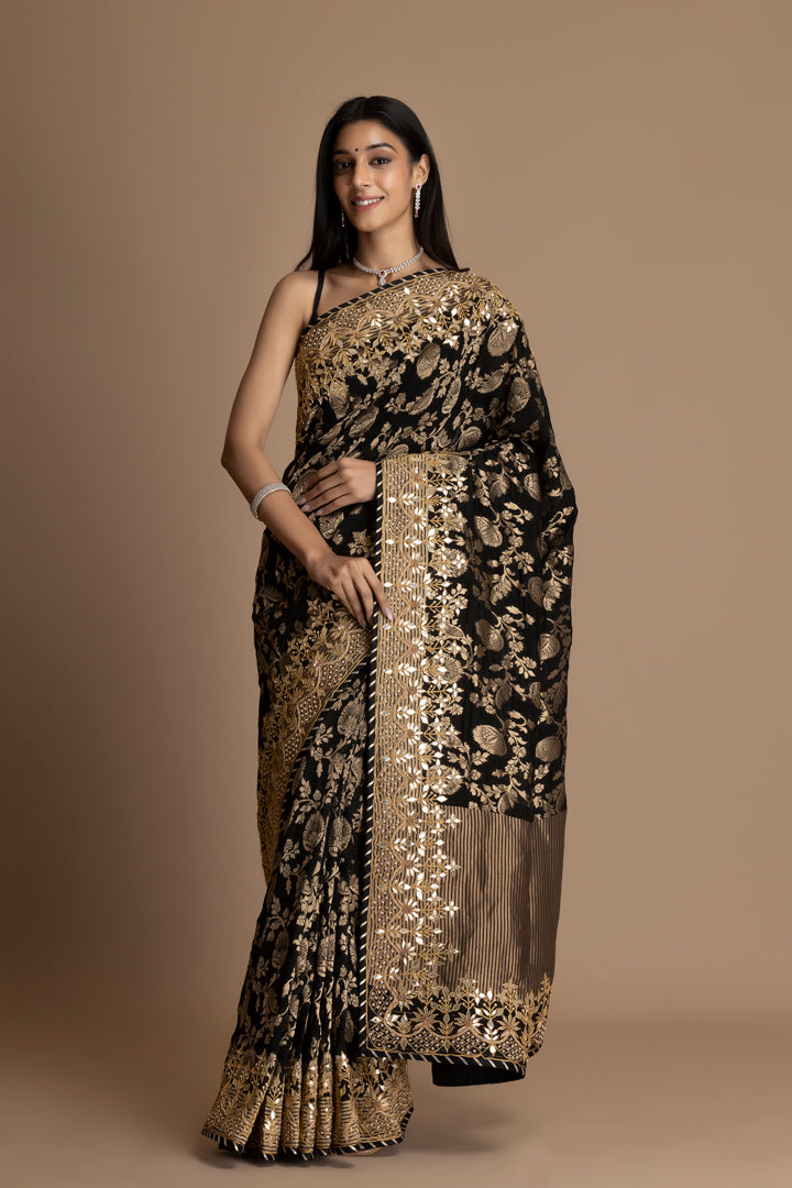 Black Banarasi Pure  Khaddi Georgette Saree Embellished  With Gota Patti Work
