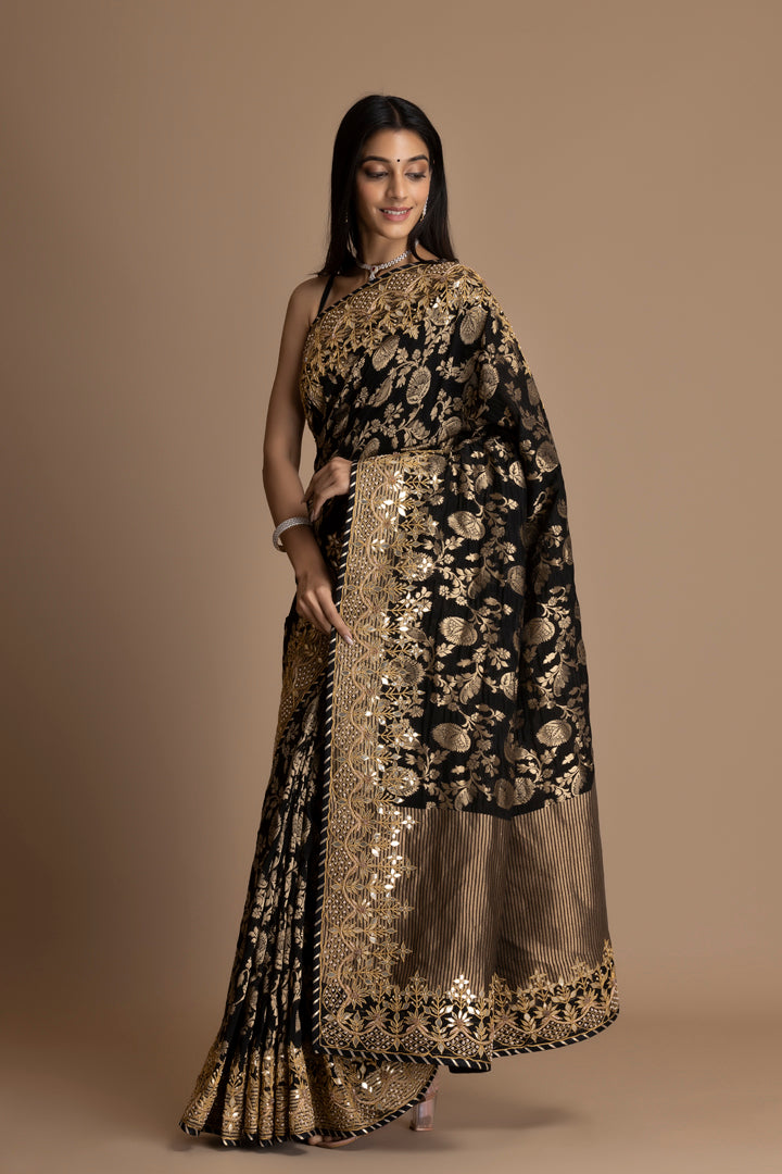 Black Banarasi Pure  Khaddi Georgette Saree Embellished  With Gota Patti Work