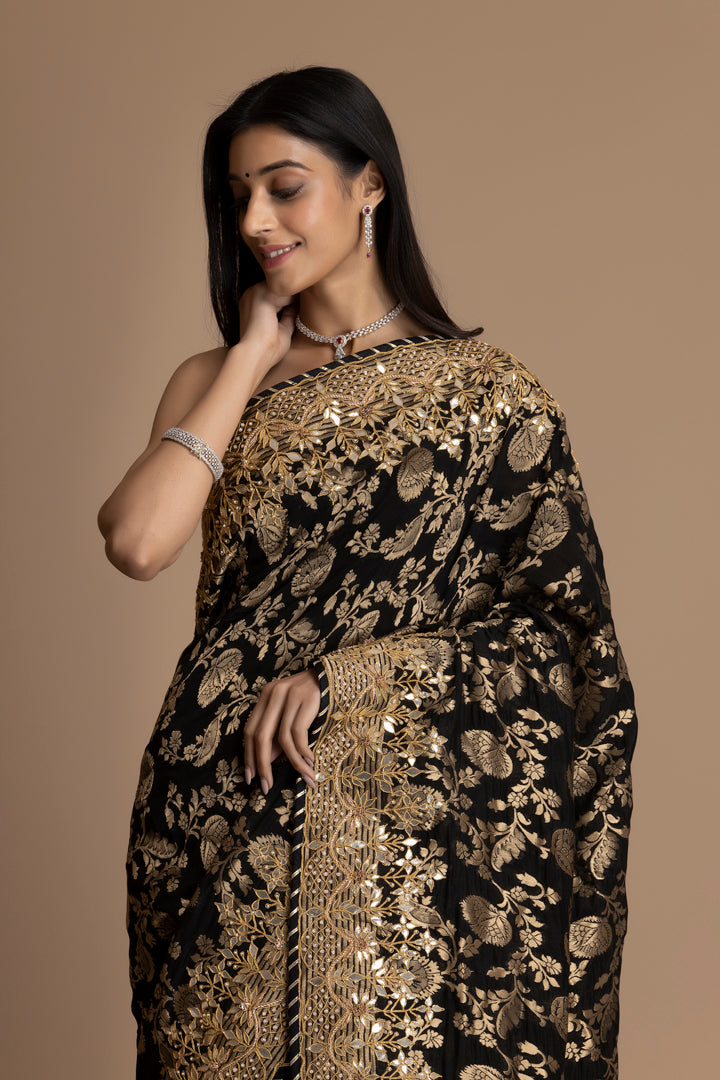 Black Banarasi Pure  Khaddi Georgette Saree Embellished  With Gota Patti Work