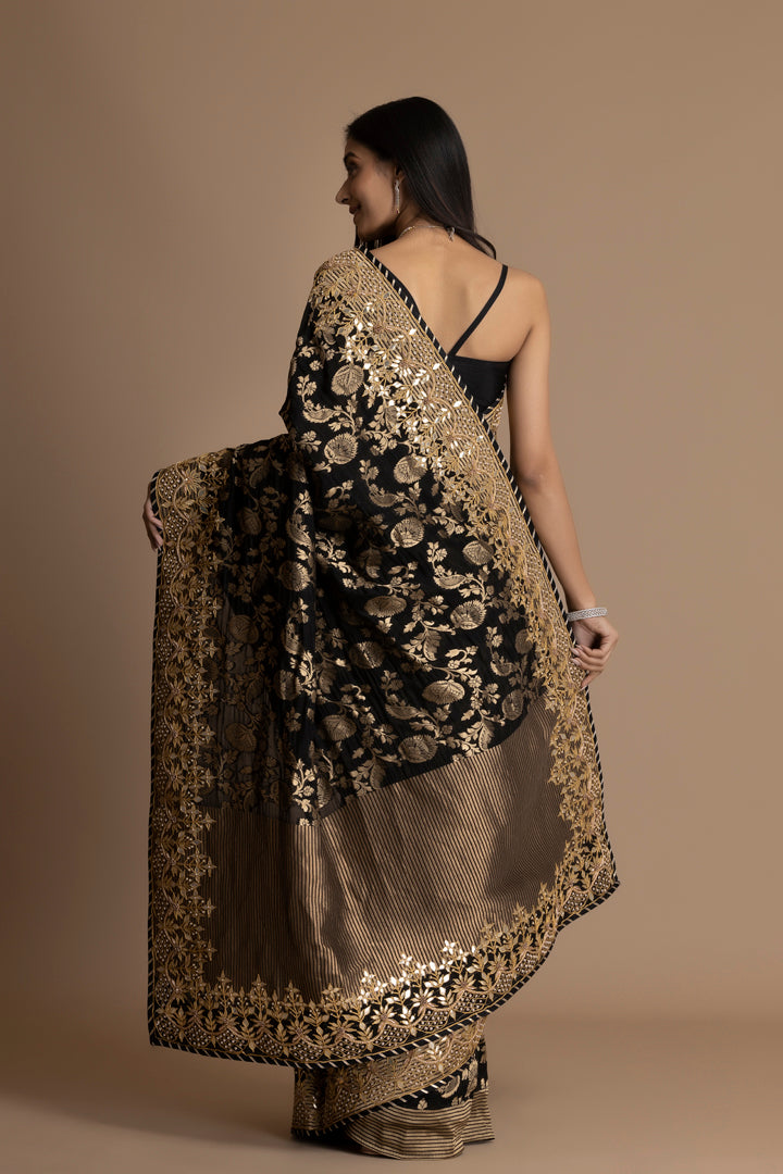Black Banarasi Pure  Khaddi Georgette Saree Embellished  With Gota Patti Work