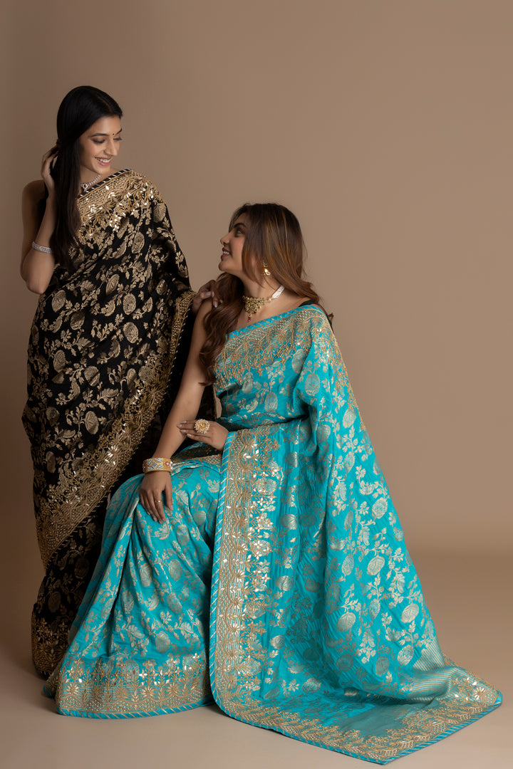 Black Banarasi Pure  Khaddi Georgette Saree Embellished  With Gota Patti Work