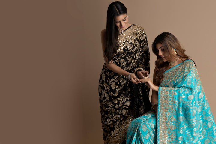 Rama Green Banarasi Pure  Khaddi Georgette Saree Embellished  With Gota Patti Work