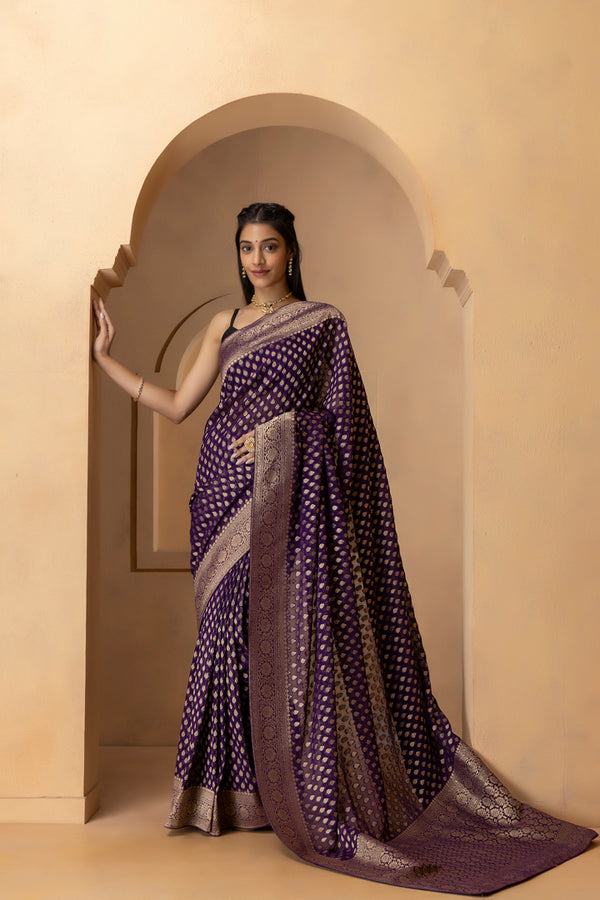 Purple Banarasi Pure  Khaddi Georgette Saree With Zari Weaving Buttis