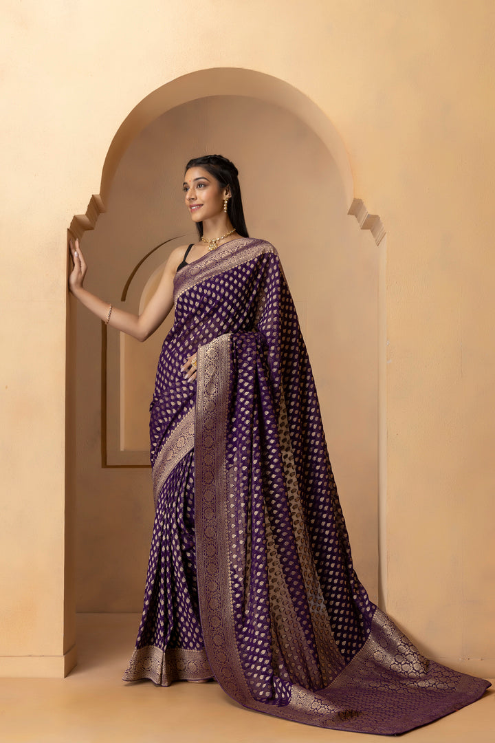 Purple Banarasi Pure  Khaddi Georgette Saree With Zari Weaving Buttis