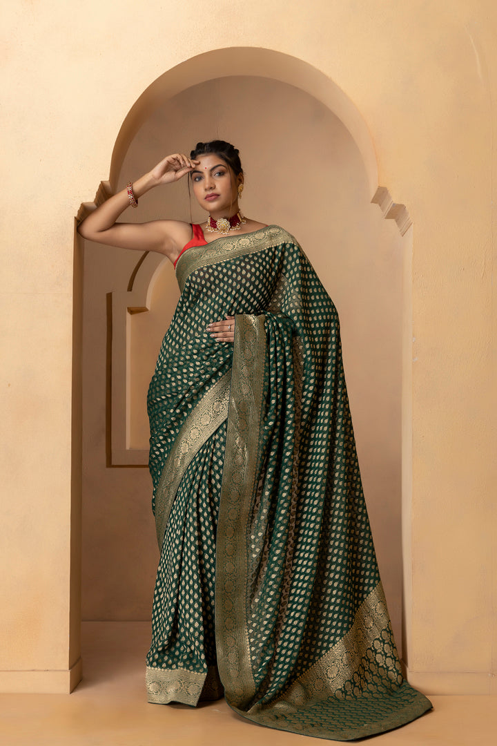 Green Banarasi Pure  Khaddi Georgette Saree With Zari Weaving Buttis