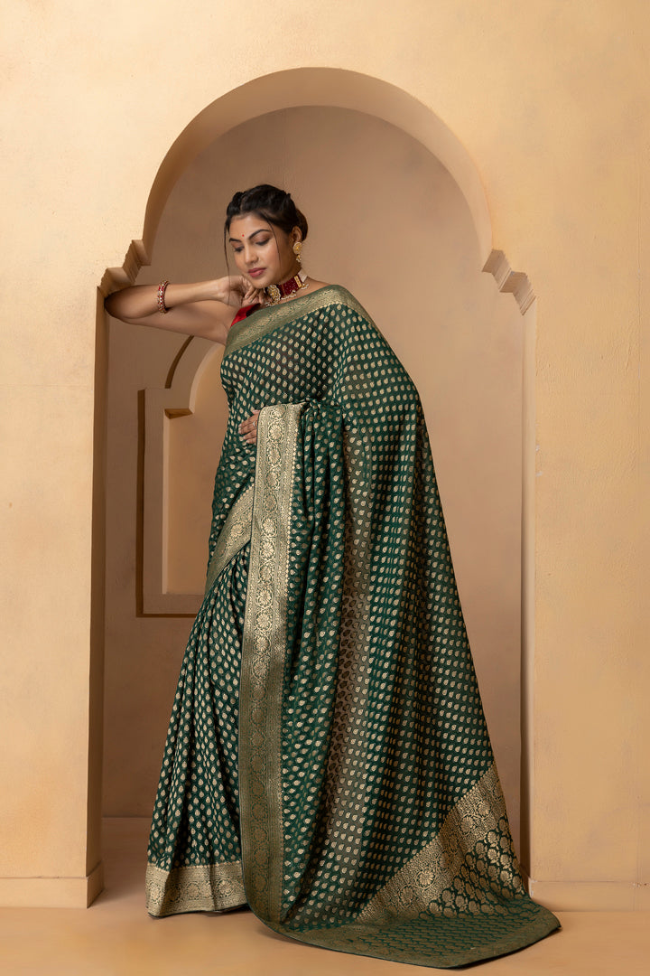 Green Banarasi Pure  Khaddi Georgette Saree With Zari Weaving Buttis