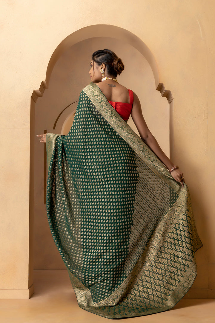Green Banarasi Pure  Khaddi Georgette Saree With Zari Weaving Buttis
