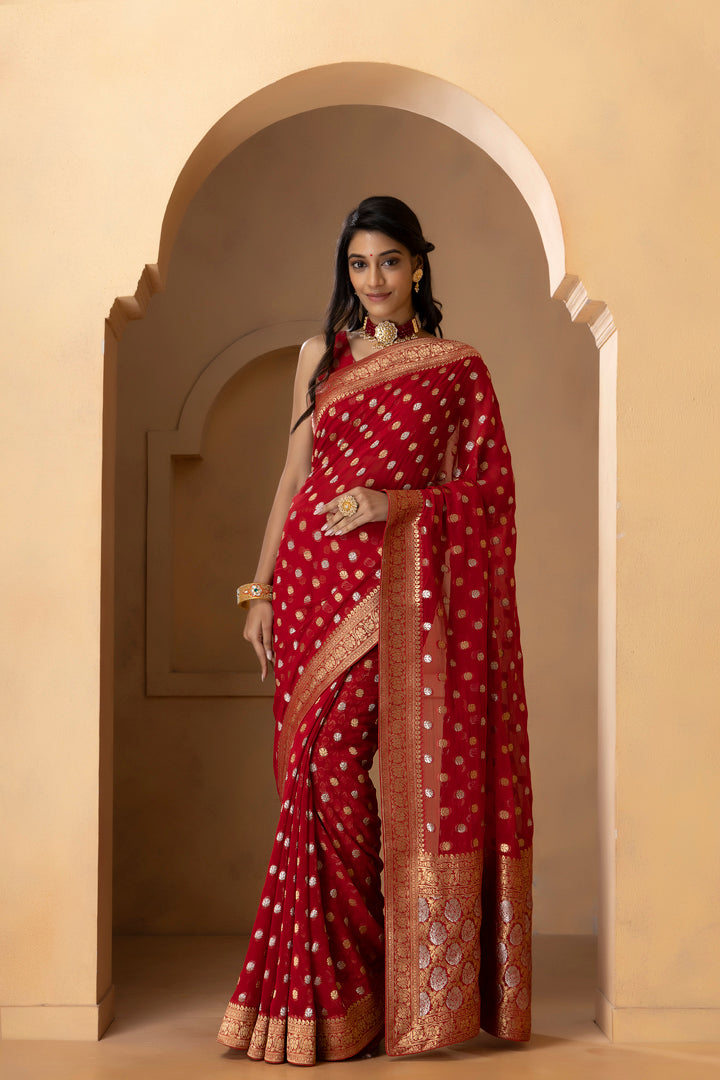 Red Banarasi Pure  Khaddi Georgette Saree With Golden Silver  Zari Weaving Buttis