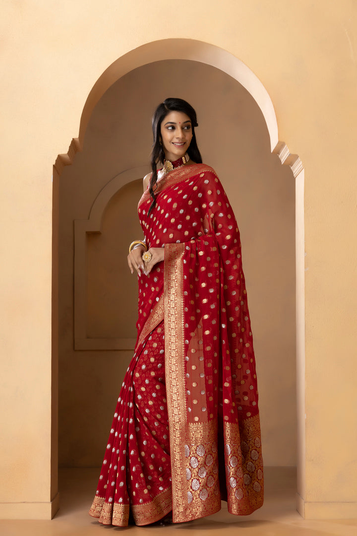 Red Banarasi Pure  Khaddi Georgette Saree With Golden Silver  Zari Weaving Buttis