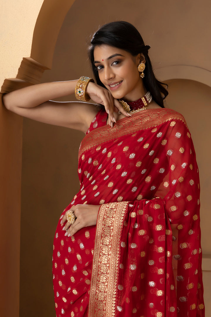 Red Banarasi Pure  Khaddi Georgette Saree With Golden Silver  Zari Weaving Buttis