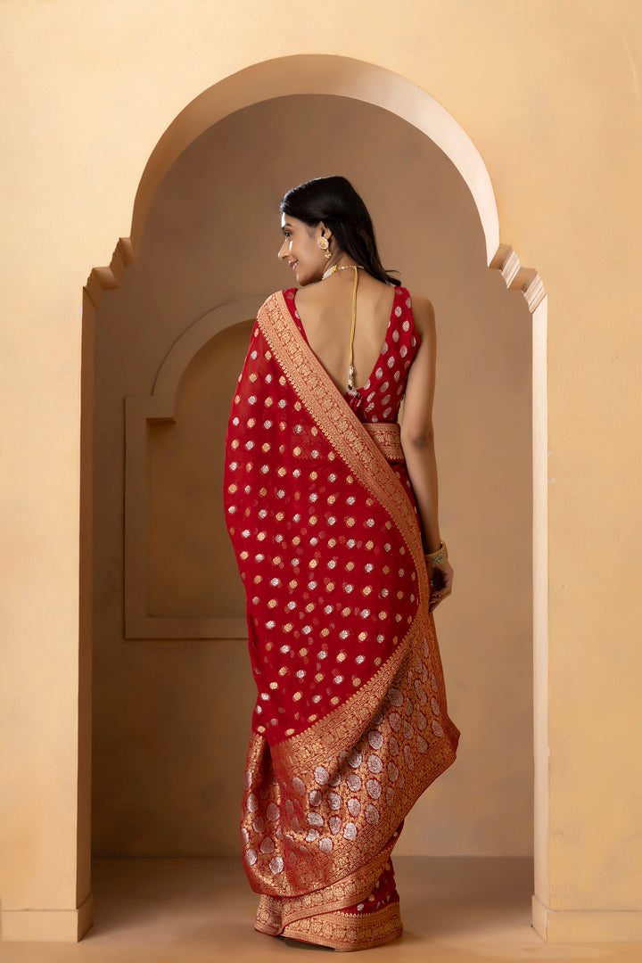 Red Banarasi Pure  Khaddi Georgette Saree With Golden Silver  Zari Weaving Buttis